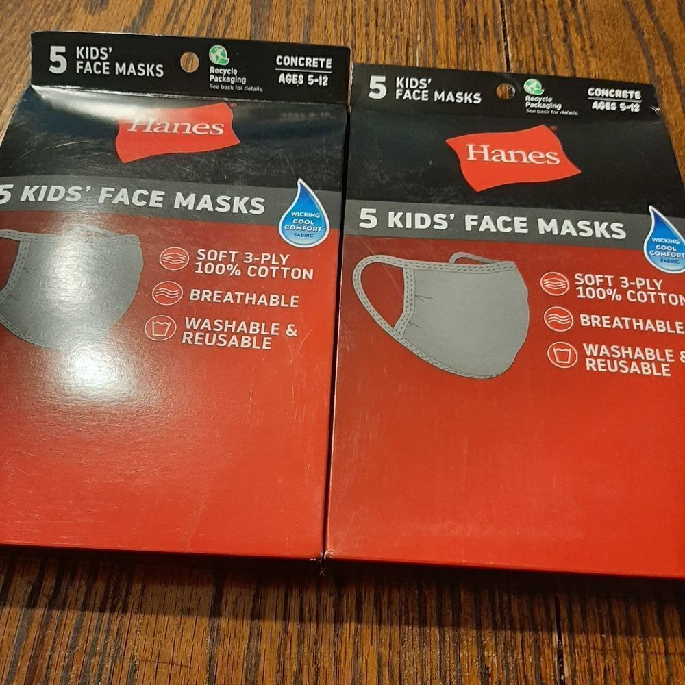 New TEN Grey Kids Youth 5-12 Hanes Cooling Wicking Breathable Facemasks